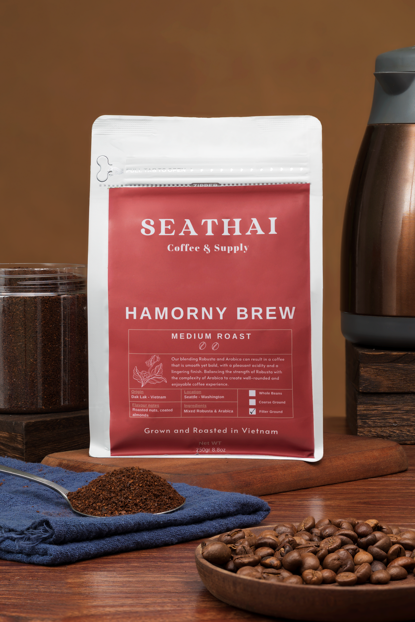 Seathai Coffee Supply - HARMONY BREW - Arabica & Robusta Mixture Medium Roast - Vietnamese Grown, Roasted and Trade [8.8 oz Bag]