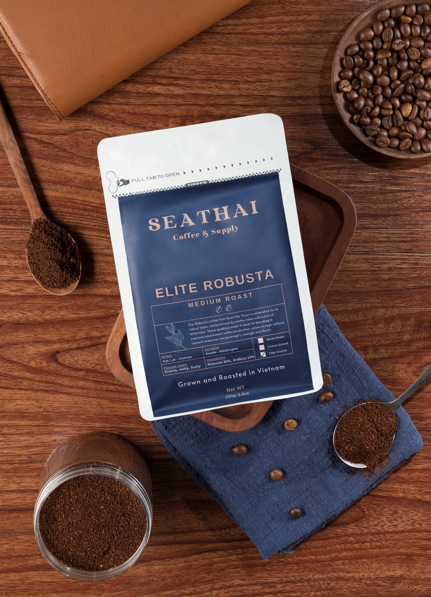 Seathai Coffee Supply - ELITE ROBUSTA - Robusta Medium Roast - Vietnamese Grown, Roasted and Trade [8.8 oz Bag]