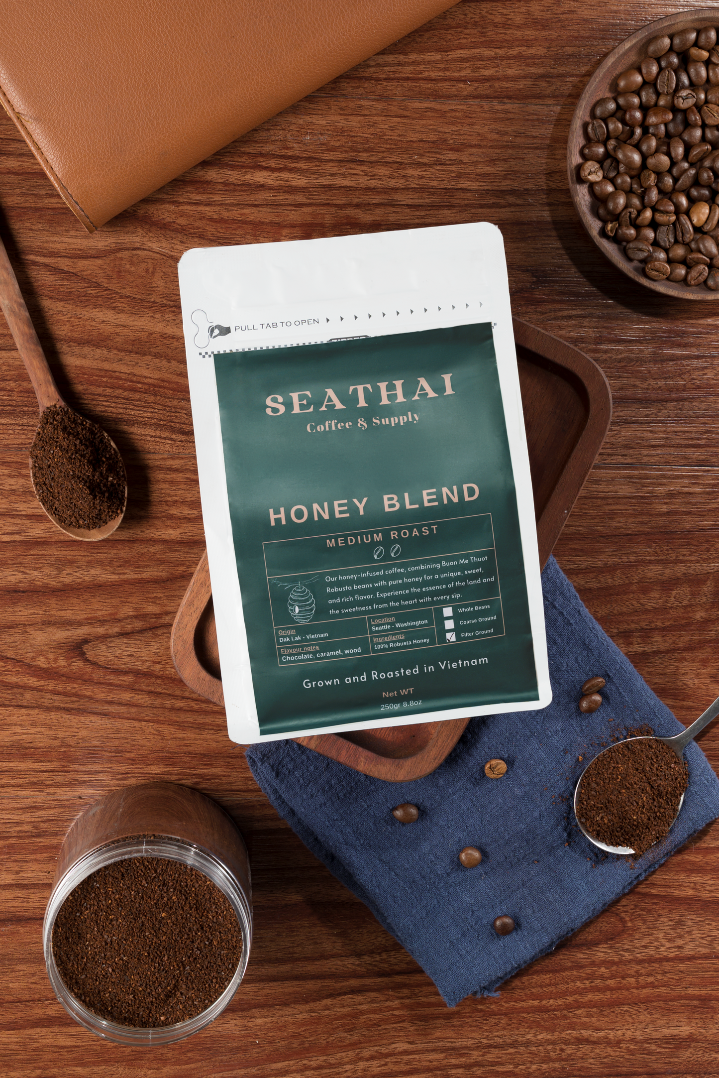 Seathai Coffee Supply - HONEY BLEND - Honey Robusta Medium Roast - Vietnamese Grown, Roasted and Trade [8.8 oz Bag]