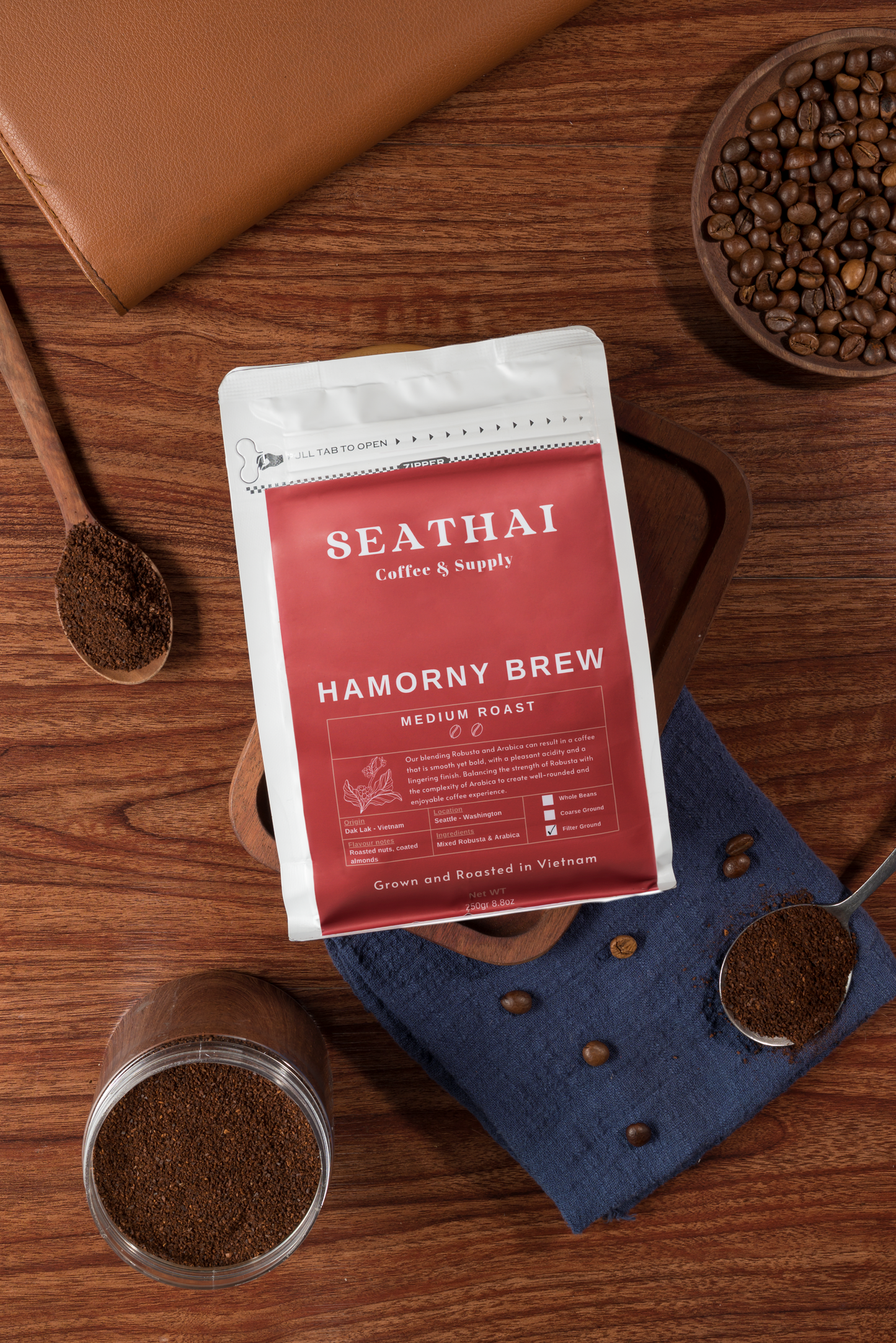 Seathai Coffee Supply - HARMONY BREW - Arabica & Robusta Mixture Medium Roast - Vietnamese Grown, Roasted and Trade [8.8 oz Bag]