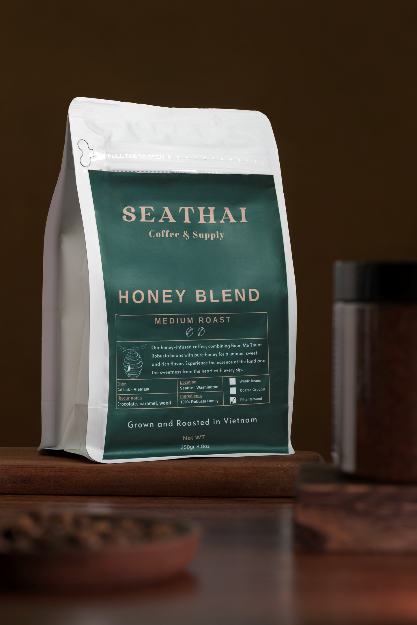 Seathai Coffee Supply - HONEY BLEND - Honey Robusta Medium Roast - Vietnamese Grown, Roasted and Trade [8.8 oz Bag]